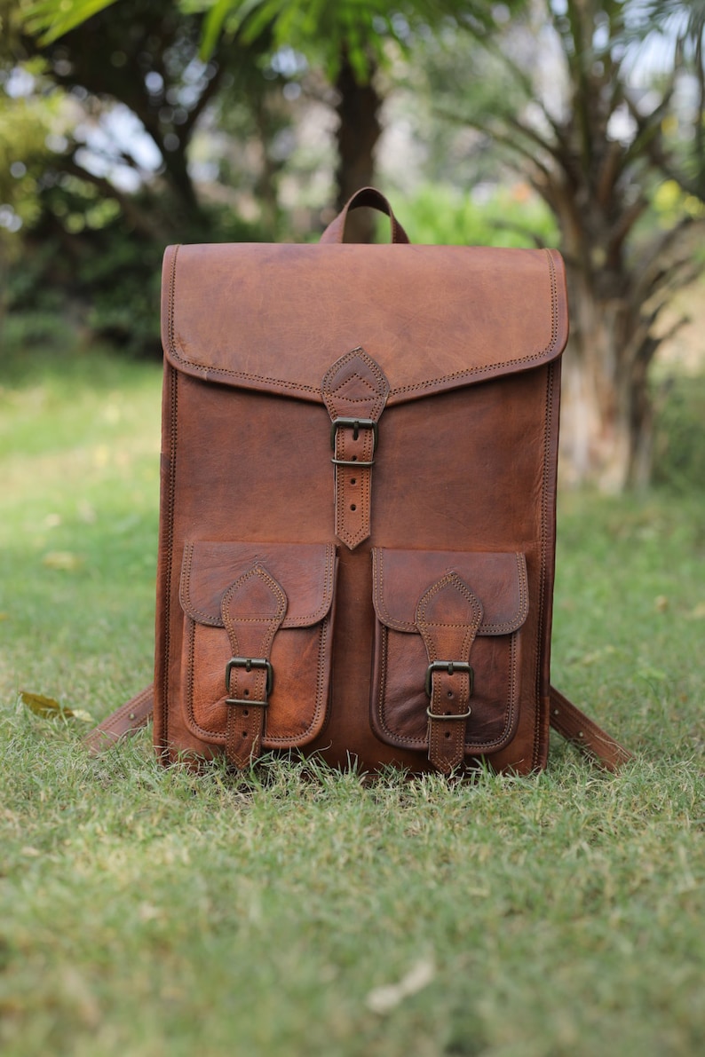 Brown leather backpack, vintage leather bag, handmade backpack for school, travel leather backpack, messenger backpack for men & women image 2