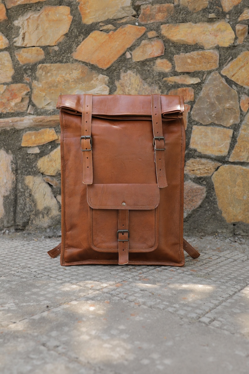 Brown leather Backpack, Genuine Leather Large Backpack, Leather Hiking Backpack, Leather Satchel Backpack, Roll on Rucksack for men & women image 5