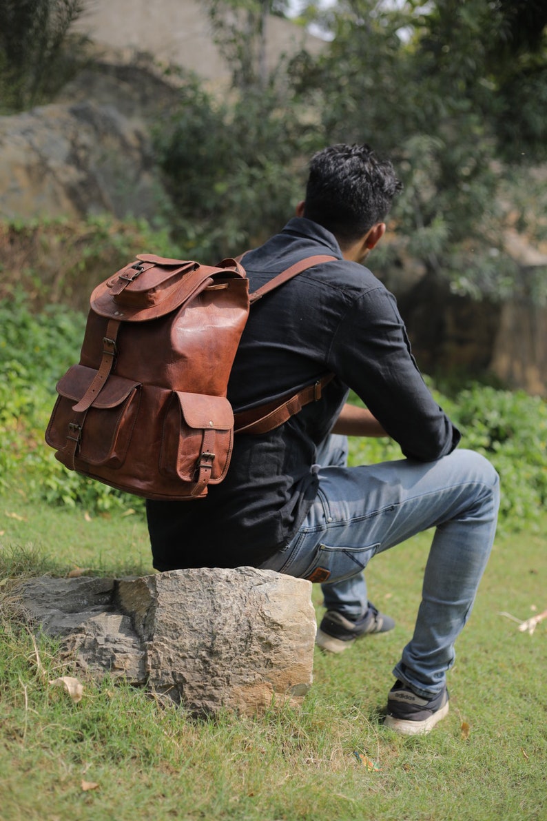 Genuine leather travelling backpack, 16'' backpack for hiking, Personalized knapsack for men & women, Trekking rucksack, Vintage backpack image 1