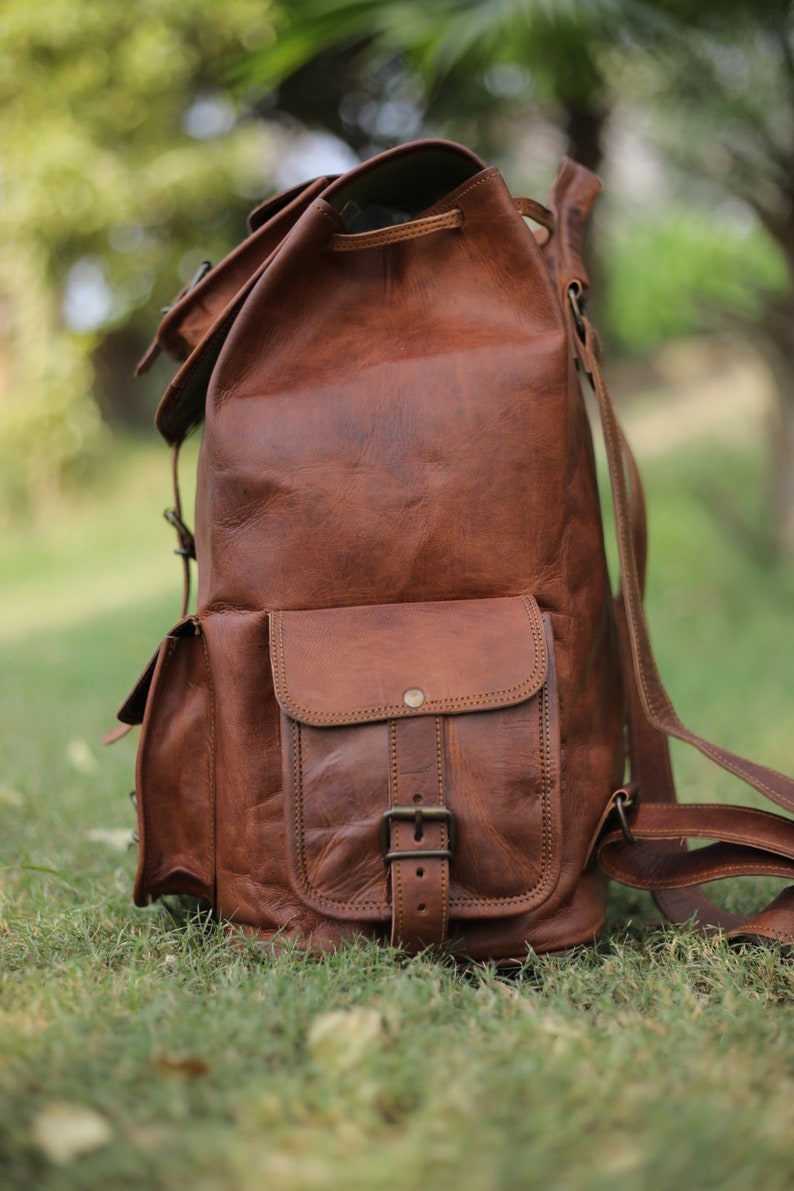 Genuine leather travelling backpack, 16'' backpack for hiking, Personalized knapsack for men & women, Trekking rucksack, Vintage backpack image 4