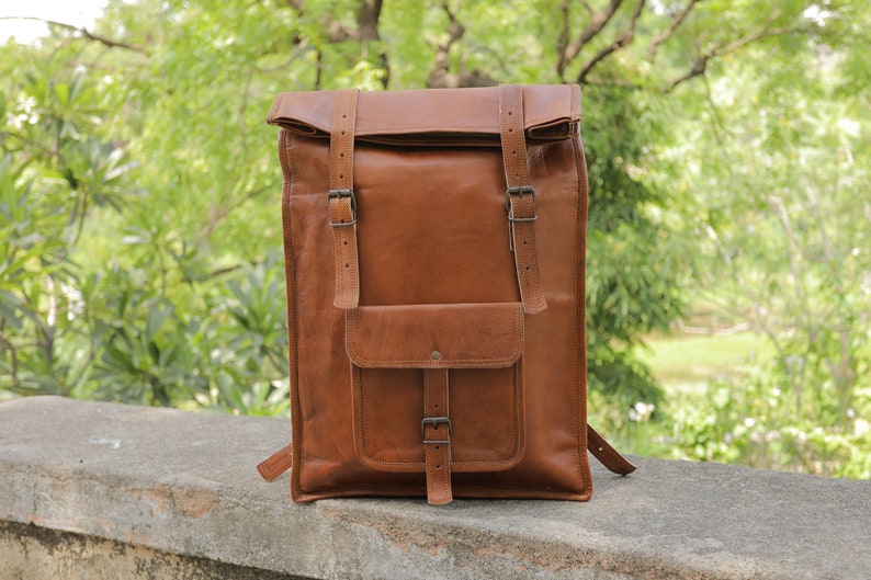 Brown leather Backpack, Genuine Leather Large Backpack, Leather Hiking Backpack, Leather Satchel Backpack, Roll on Rucksack for men & women image 2