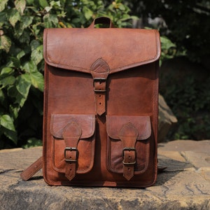 Brown leather backpack, vintage leather bag, handmade backpack for school, travel leather backpack, messenger backpack for men & women image 1