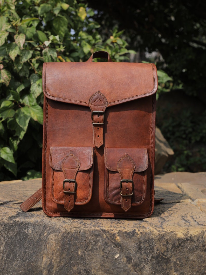 Brown leather backpack, vintage leather bag, handmade backpack for school, travel leather backpack, messenger backpack for men & women image 1