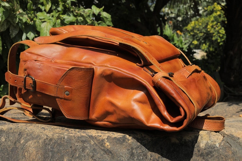 Handmade leather backpack, large leather backpack, brown vintage backpack for men and women, vintage trekking bag, roll on leather bag. image 7