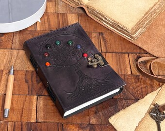 black color | Tree of Life Genuine Leather Journal Notebook with crystal stone of 7 Chakra Colours, Spiritual Gift for Women and Men