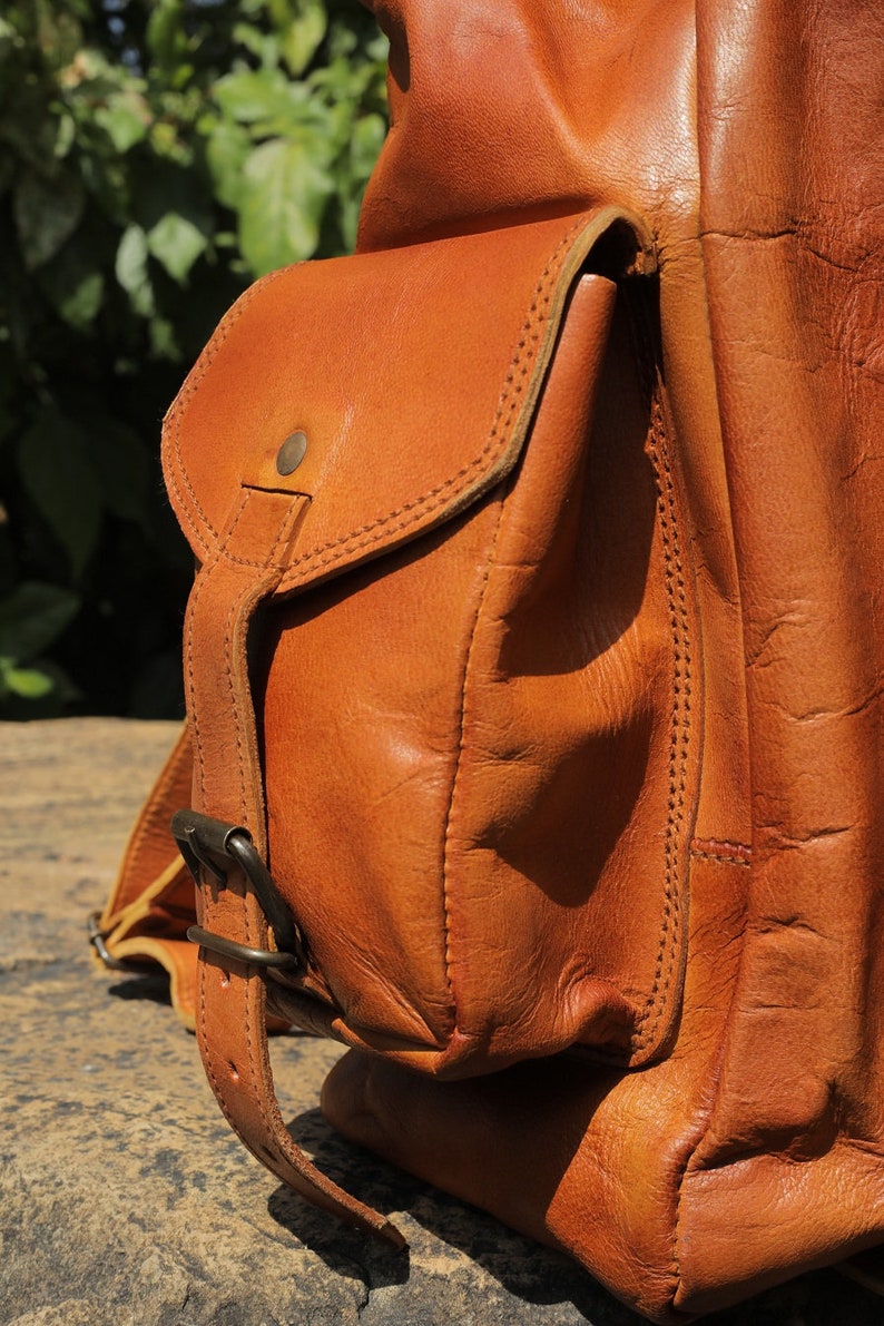Handmade leather backpack, large leather backpack, brown vintage backpack for men and women, vintage trekking bag, roll on leather bag. image 10