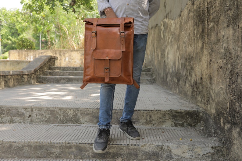 Brown leather Backpack, Genuine Leather Large Backpack, Leather Hiking Backpack, Leather Satchel Backpack, Roll on Rucksack for men & women image 3