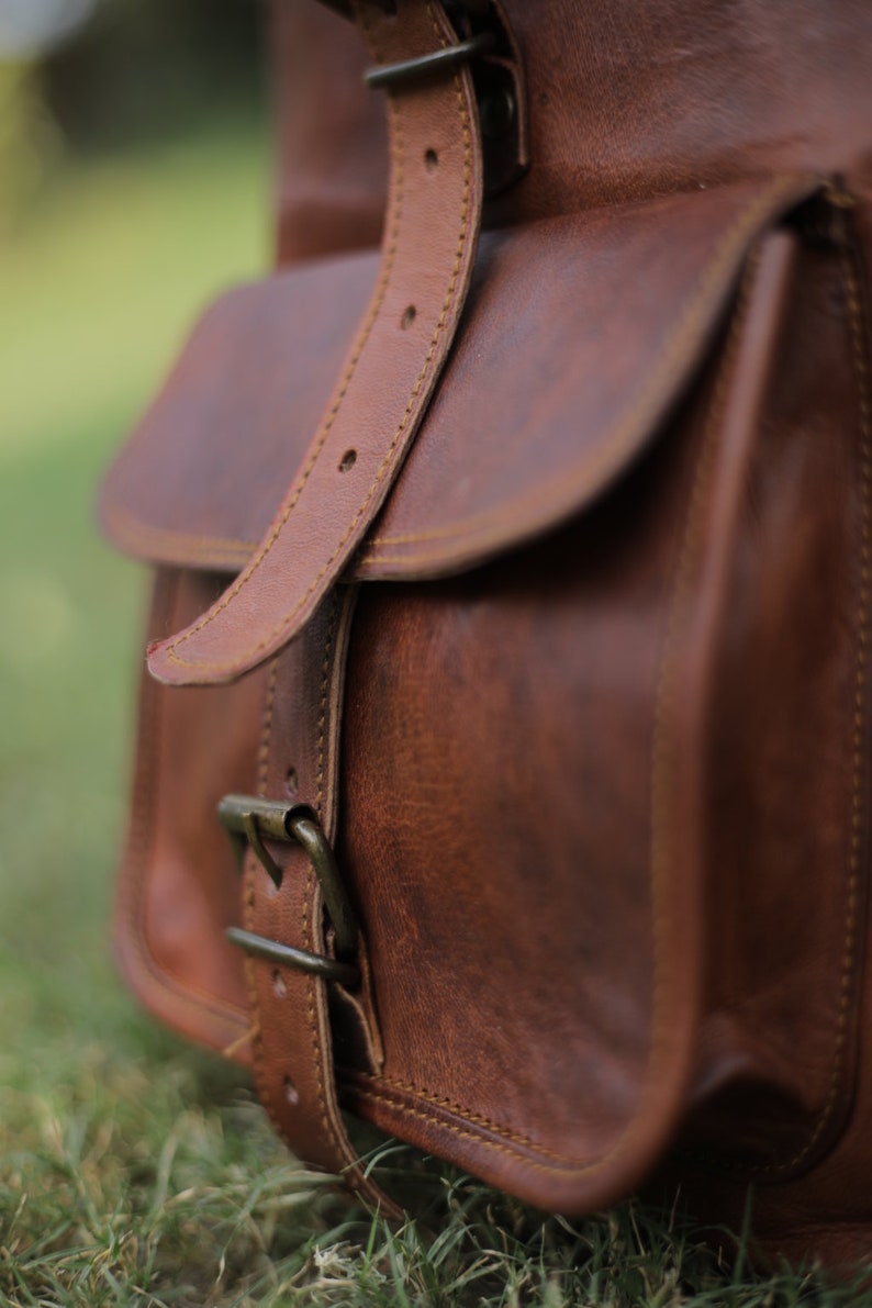 Genuine leather travelling backpack, 16'' backpack for hiking, Personalized knapsack for men & women, Trekking rucksack, Vintage backpack image 7
