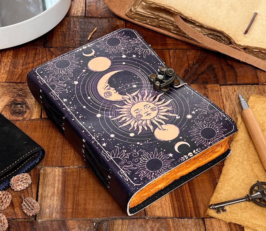 Celestial Sun & Moon Grimoire Leather Journal Handmade Vintage Leather ...