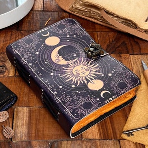 Celestial Sun & Moon Grimoire Leder Journal Handgemachtes Vintage Leder Journal, Leeres Zauberbuch der Schatten Journal, Weihnachtsgeschenk