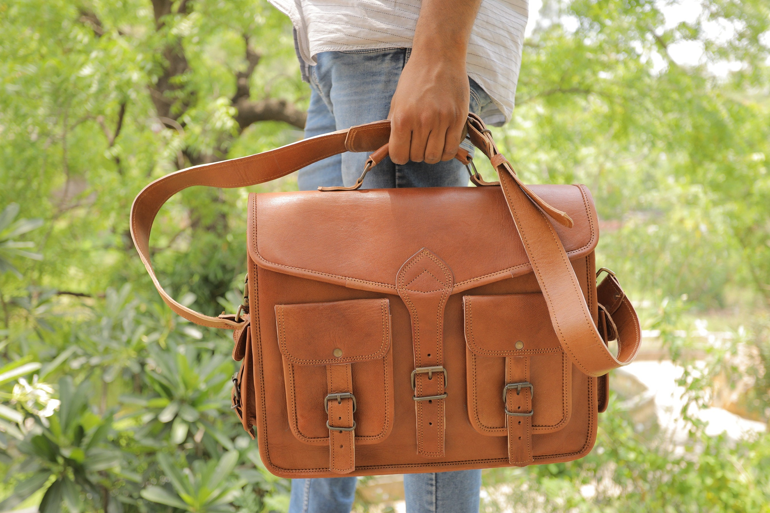 15inches Leather Briefcase Bag Leather Crossbody Briefcase Etsy Canada