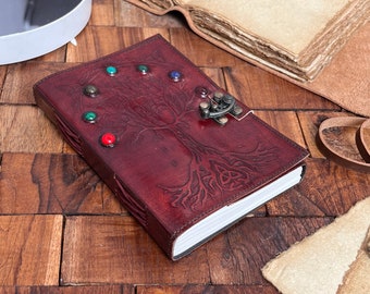Tree of Life Genuine Leather Journal Notebook with crystal stone of 7 Chakra Colours, Spiritual Gift for Women and Men, Christmas gifts .
