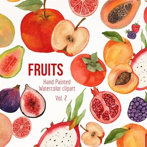 Frutas em aquarela - Clipart de frutas - Maçã pintada à mão - Caqui - Romã - Figo - Pêssego - Fruta do dragão - Amora - Framboesa - Toranja