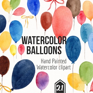 Aquarelle Ballon et Ruban PNG Clipart- Peint à la main Coloré Enfants Nursery Ballons Décoration- Célébrations Décor- Téléchargement instantané