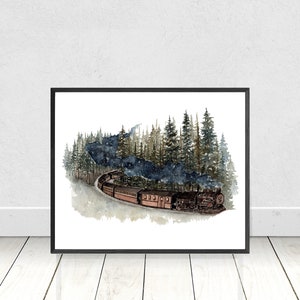 Watercolor Nursery Train Forest Painting- Hand Painted Kids Room Art- Choo Choo Train Illustration