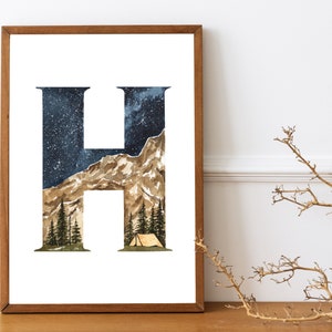 Watercolor Letter H Nursery Room Printable Alphabet Art- Hand Painted Wilderness Nursery Print- Printable Monogram Letter H- Camping Art