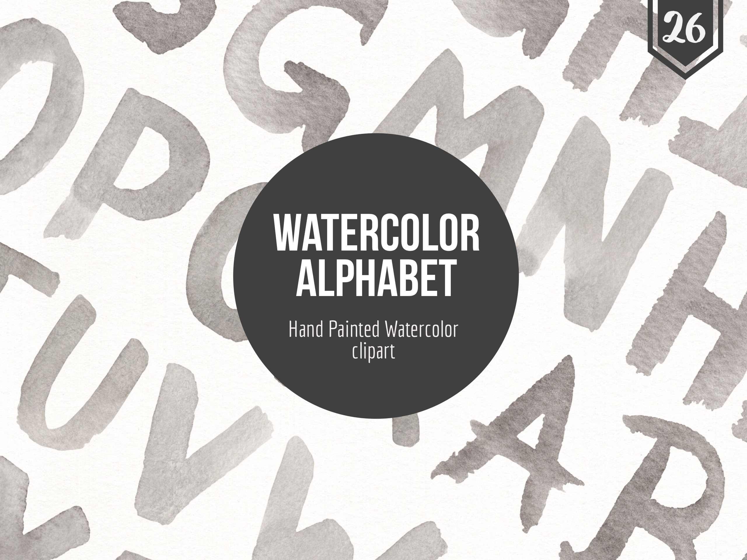 Grey Watercolor Alphabet Letters- Hand Painted Alphabet Clipart- Nursery Room Letters- Grey Letter Art- Alphabet Clip Art