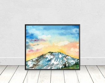 Aquarelle Peinture de montagne Œuvre d’art- Paysage peint à la main- Impression d’art de pépinière