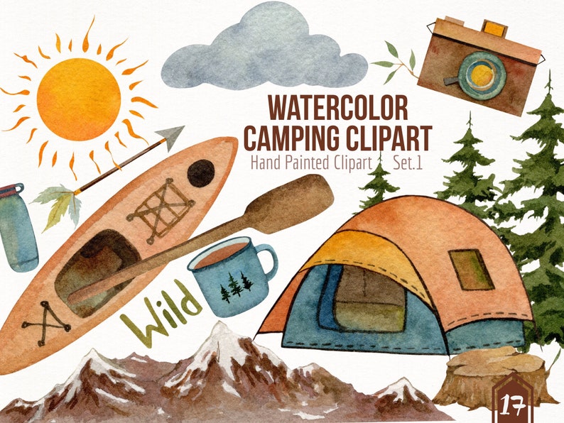 Pu&ograve; includere: Set di clipart di campeggio ad acquerello con sole, nuvola, canoa, freccia, tazza, tenda, montagne, alberi e macchina fotografica. La parola "Wild" &egrave; scritta in verde. Set di clipart dipinte a mano. Set 1.