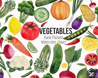 May include: Watercolor illustration of various vegetables, including a tomato, lemon, carrot, and pumpkin. The word "VEGETABLES" is written in black text, along with "Hand Painted Watercolor clipart". The vegetables are painted in vibrant colors.