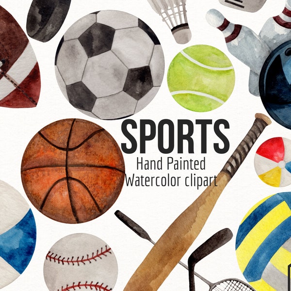 Watercolor Sports Clipart- Sports Equipment- High Resolution- Football- Basketball- Baseball- Soccer- Hockey- Tennis- Volleyball- Bowling