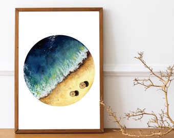 Watercolor Beach Aerial View  Print-  Hand Painted Sandy Beach Art- Tropical Beach Art Illustration- Vacation Scenery