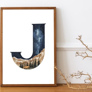 Acuarela Letra J Nursery Room Printable Alphabet Art- Hand Painted Wilderness Nursery Print- Print- Printable Monogram Letter J- Camping Art