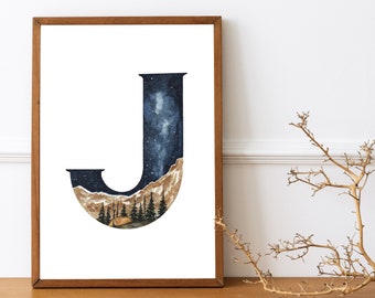 Acquerello Lettera J Nursery Room Alfabeto stampabile Arte- Dipinto a mano Wilderness Nursery Print- Monogramma stampabile Lettera J- Camping Art
