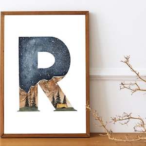 Acuarela Letra R Nursery Room Printable Alphabet Art- Hand Painted Wilderness Nursery Print- Print- Printable Monogram Letter R- Camping Art