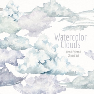 Watercolor Clouds  Clipart- Hand Painted Clipart Set- High Resolution- Cloud Graphics- PNG Clouds