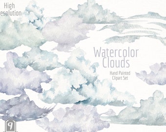 Watercolor Clouds  Clipart- Hand Painted Clipart Set- High Resolution- Cloud Graphics- PNG Clouds