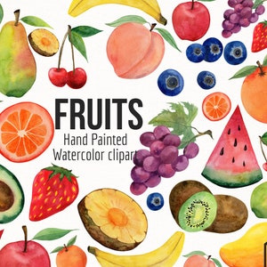 Frutas pintadas à mão em aquarela PNG Clipart - Imagens de frutas tropicais de verão - Banana - Maçã - Pêssego - Abacate - Manga - Pêra - Morango - Kiwi etc.