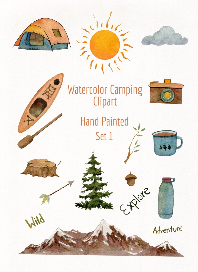 Pu&ograve; includere: Set di clipart di campeggio ad acquerello con tenda, sole, canoa, macchina fotografica, tazza, albero, ghianda, freccia, montagne e borraccia. Include le parole "Wild", "Explore" e "Adventure". Illustrazioni dipinte a mano.