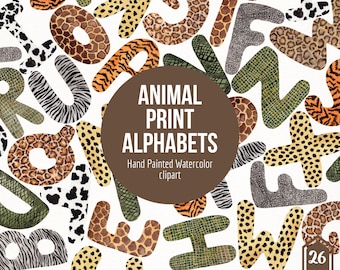 Animal Print Watercolor Alphabets- Animal Alphabets Clipart- Zoo Clipart- Animal Theme Alphabets- Kids Alphabet Clipart- ABC animals Clipart