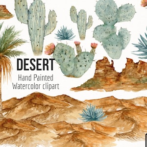 Aquarelle désert Clipart - Clipart - Dunes de sable peintes à la main - Palmier - Cactus - Clipart Western - Png désert - Cactus Png- Sahara