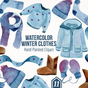 Aquarell Winter Kleidung- Handgemalte Clipart Set- Socken- Stiefel- Schals- Jacke- Mantel- Ohrenmütze- Mütze- Handschuh- Hohe Auflösung