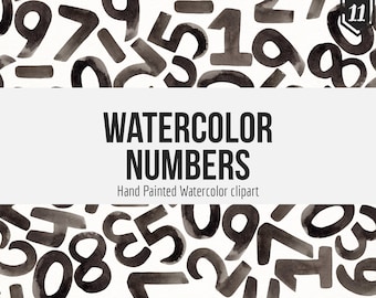 Hand Painted Watercolor Numbers- Black Numbers Clipart- PNG Whole Numbers- Watercolor 123