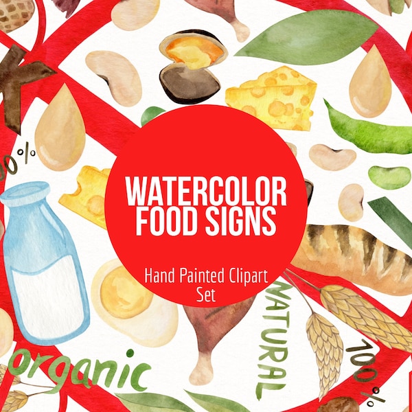 Watercolor Food Allergies Alert Signs Clipart- Allergy Label Graphics- Hand Painted Peanut Free Sign- Dairy Eggs Nuts Shellfish Gluten Free