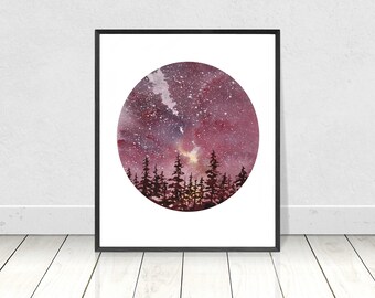 Galassia ad acquerello dipinta a mano - Vista cielo notturno - Immagine del cielo - Luci del cielo notturno - Stelle - Stampa digitale JPG - Download istantaneo