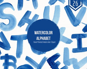 Blue Watercolor Alphabet Letters- Hand Painted Alphabet Clipart- Nursery Room Letters- Blue Letter Art- Alphabet  Clip Art
