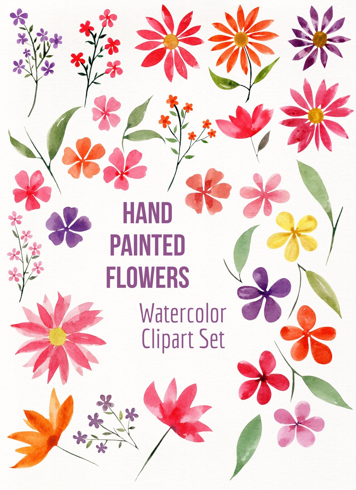 Watercolor Flowers Clipart- Hand Painted Flowers Clipart- Spring ...