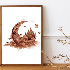 Watercolor Brown Moon Crescent Painting- Hand Painted Fantasy Castle Over The Clouds Wall Art- Fairytale Nursery Room Art Print- Fiction Art