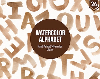 Hand Painted Brown Watercolor Alphabet Letters- Hand Painted Alphabet Clipart- Nursery Room Letters- Brown Letter Art- Alphabet Clip Art