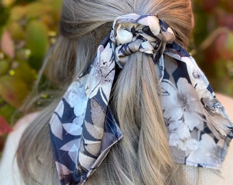 Gray and White Floral Hair Scarf, Hair Scarf, Hair Accessories, Scrunchie, Scrunchie Scarf, Winter Hair Scarf, Holiday Hair Scarf