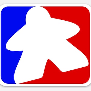 May include: A sticker featuring a white game piece silhouette on a red and blue background. The design is a square with rounded corners, with the blue section on the left and the red on the right.