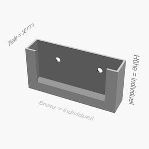 Peut inclure: Un support rectangulaire gris avec deux trous circulaires. La profondeur est de 10 mm. La hauteur et la largeur sont personnalisables. Idéal pour le montage ou l'affichage.