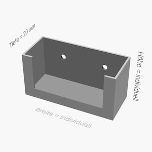 Può includere: Una staffa rettangolare grigia con una profondità di 20 mm. L'altezza e la larghezza sono indicate come "individuali". Due fori circolari sono visibili sulla superficie superiore. Rendering 3D.