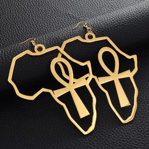 Ankh on Africa Kemetic Spiritual black Pride Large Gold Color Stainless Steel Earrings