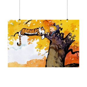 Calvin und Hobbes schlafend auf einem Baum im Herbst Aquarell Matte Horizontales Poster