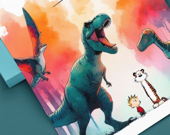 2 Calvin and Hobbes Dinosaur PNG Printables - Instant Download - Digital Art - Original Watercolor - Great for T-shirt phone case poster